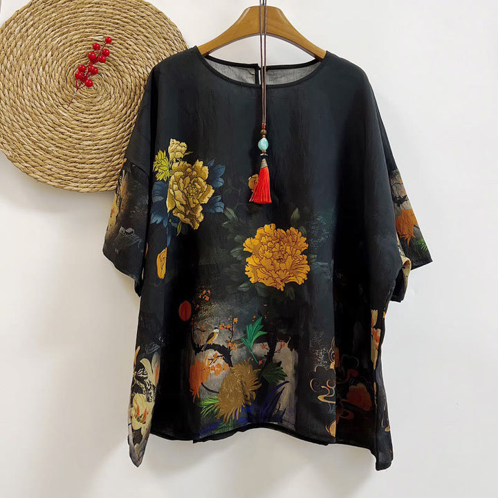 Buddha Stones Casual Printed Auspicious Clouds Various Petals Women's Crew Neck Design Half Sleeve Polyester T-shirt