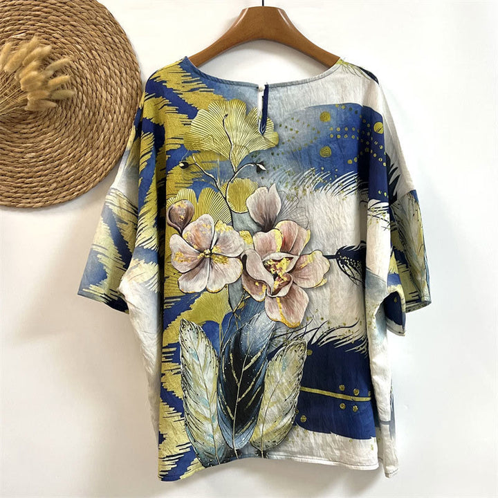 Buddha Stones Casual Flower Leaves Feather Women's Crew Neck Design Half Sleeve Polyester T-shirt
