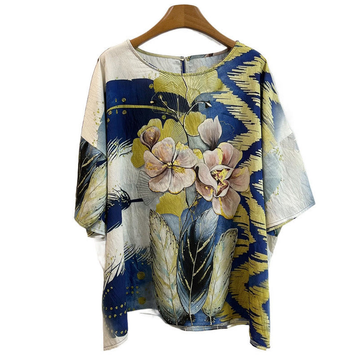 Buddha Stones Casual Flower Leaves Feather Women's Crew Neck Design Half Sleeve Polyester T-shirt
