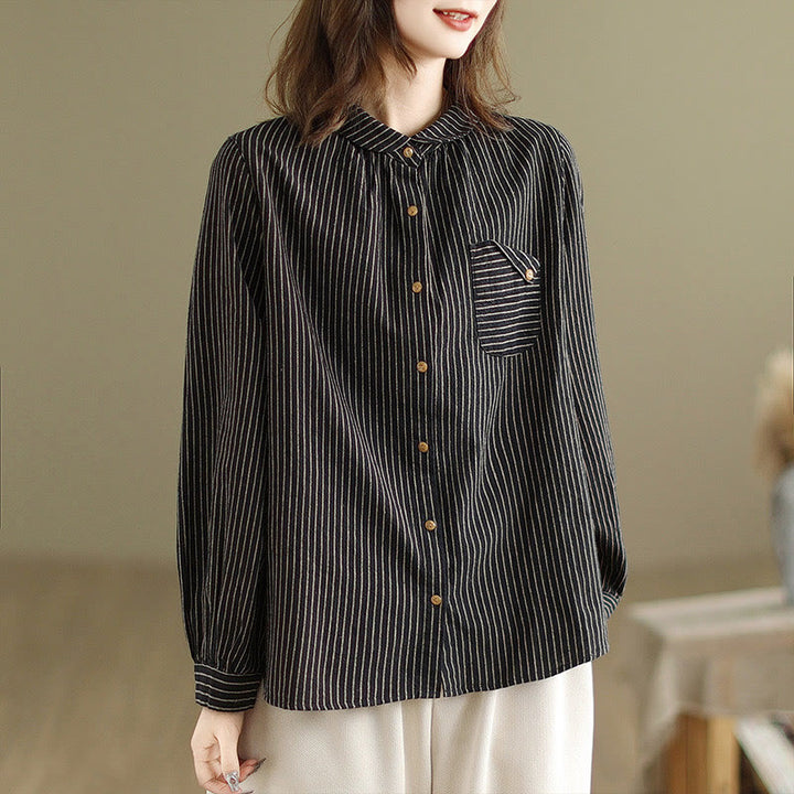 Buddha Stones Spring Causal Splice Design Striped Long Sleeve Button Lapel Cotton Linen Women's Shirt With Pocket