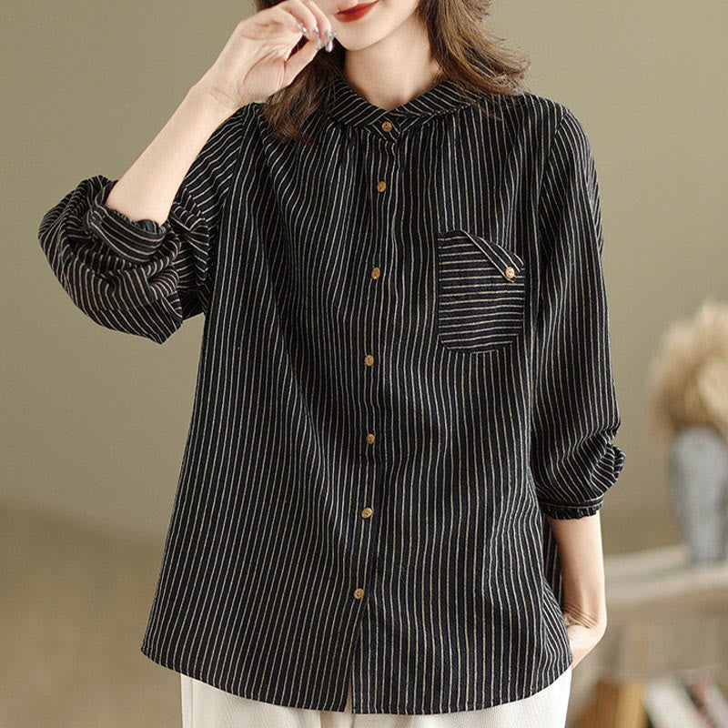 Buddha Stones Spring Causal Splice Design Striped Long Sleeve Button Lapel Cotton Linen Women's Shirt With Pocket