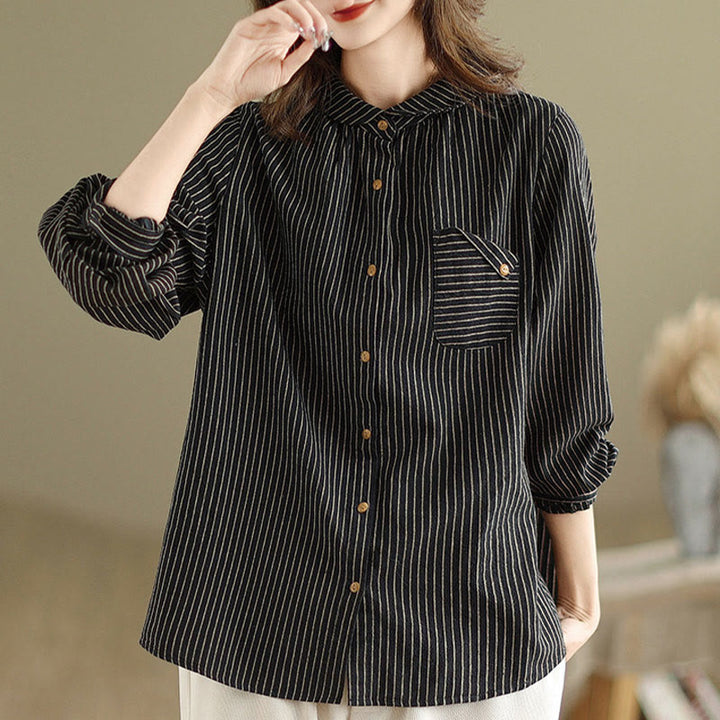 Buddha Stones Spring Causal Splice Design Striped Long Sleeve Button Lapel Cotton Linen Women's Shirt With Pocket