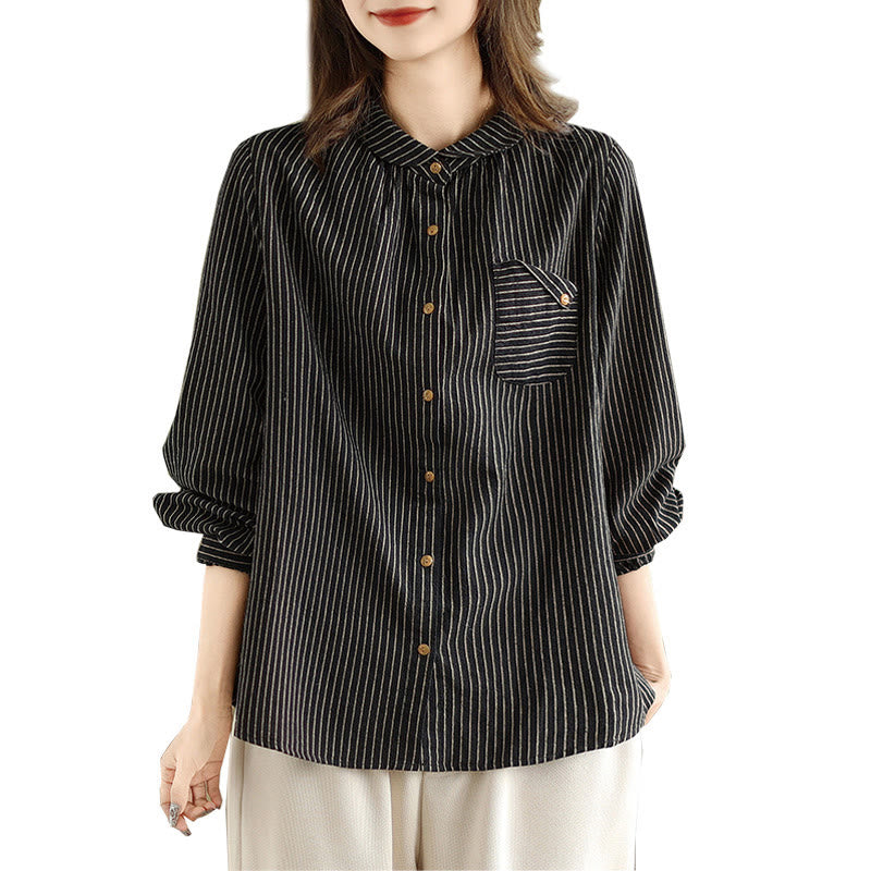 Buddha Stones Spring Causal Splice Design Striped Long Sleeve Button Lapel Cotton Linen Women's Shirt With Pocket