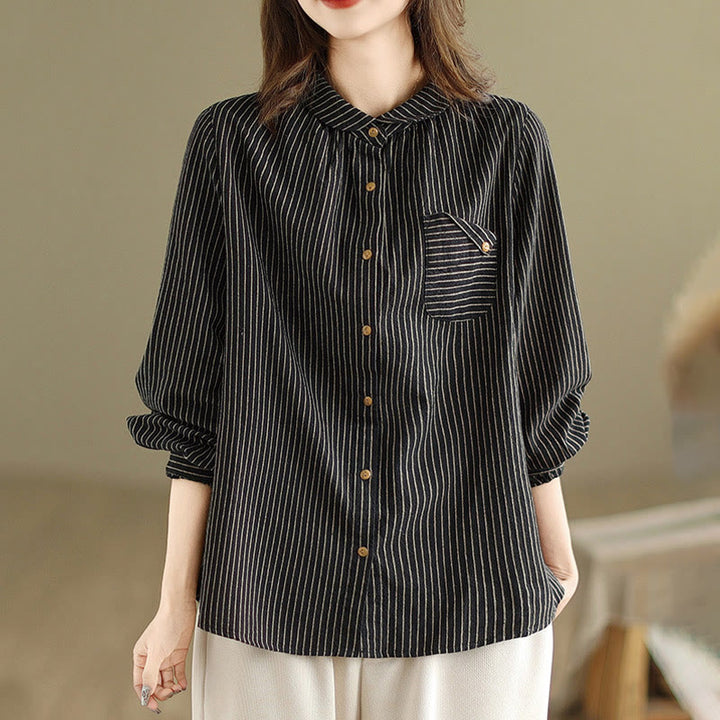 Buddha Stones Spring Causal Splice Design Striped Long Sleeve Button Lapel Cotton Linen Women's Shirt With Pocket