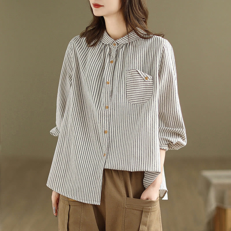 Buddha Stones Spring Causal Splice Design Striped Long Sleeve Button Lapel Cotton Linen Women's Shirt With Pocket