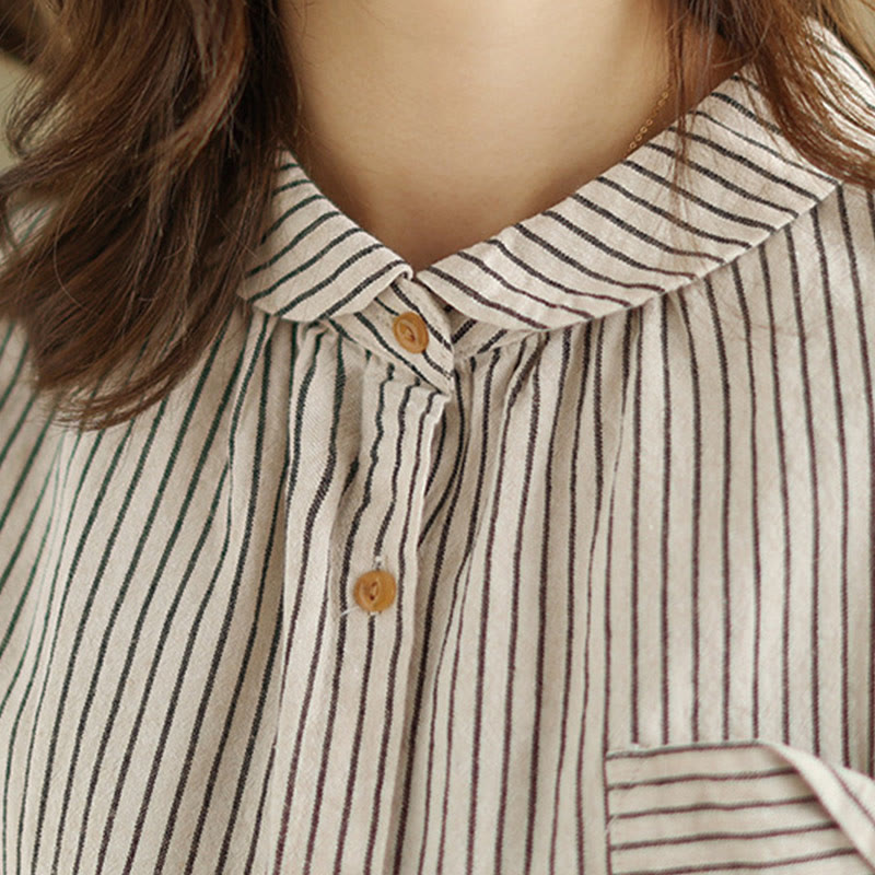 Buddha Stones Spring Causal Splice Design Striped Long Sleeve Button Lapel Cotton Linen Women's Shirt With Pocket