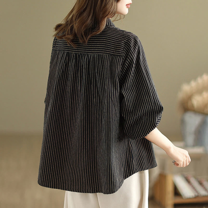 Buddha Stones Spring Causal Splice Design Striped Long Sleeve Button Lapel Cotton Linen Women's Shirt With Pocket