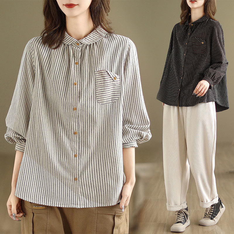 Buddha Stones Spring Causal Splice Design Striped Long Sleeve Button Lapel Cotton Linen Women's Shirt With Pocket