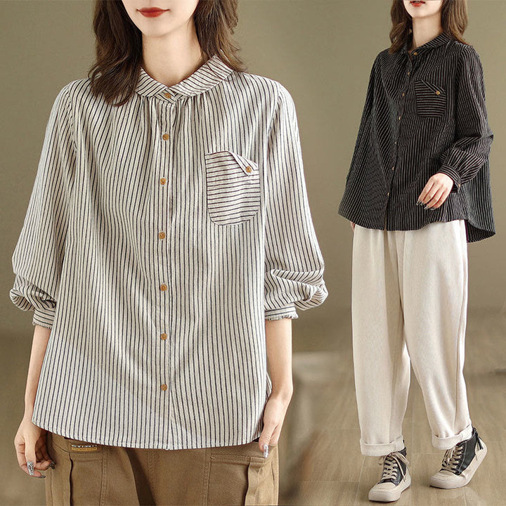 Buddha Stones Spring Causal Splice Design Striped Long Sleeve Button Lapel Cotton Linen Women's Shirt With Pocket