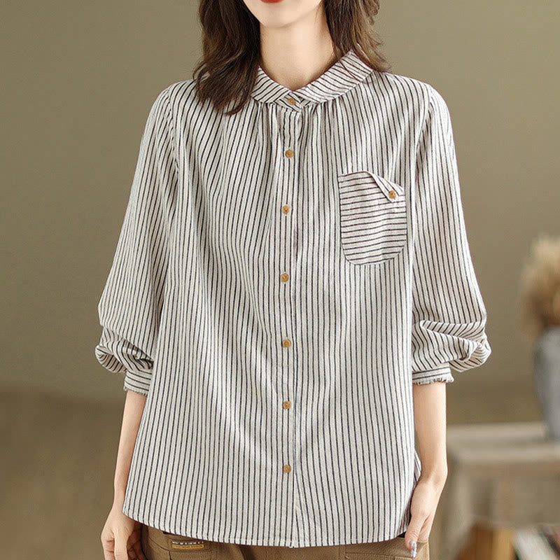Buddha Stones Spring Causal Splice Design Striped Long Sleeve Button Lapel Cotton Linen Women's Shirt With Pocket