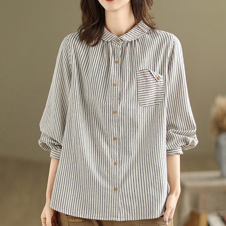 Buddha Stones Spring Causal Splice Design Striped Long Sleeve Button Lapel Cotton Linen Women's Shirt With Pocket
