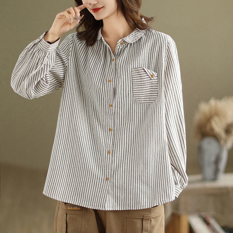 Buddha Stones Spring Causal Splice Design Striped Long Sleeve Button Lapel Cotton Linen Women's Shirt With Pocket
