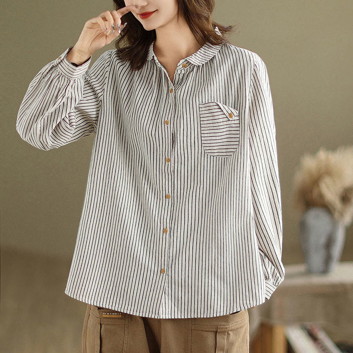 Buddha Stones Spring Causal Splice Design Striped Long Sleeve Button Lapel Cotton Linen Women's Shirt With Pocket