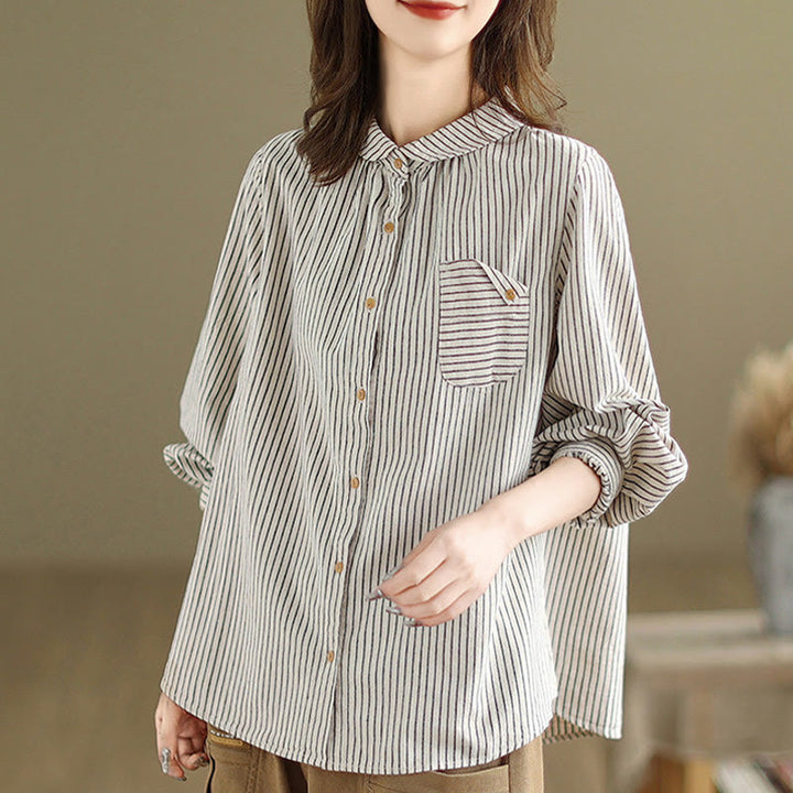 Buddha Stones Spring Causal Splice Design Striped Long Sleeve Button Lapel Cotton Linen Women's Shirt With Pocket