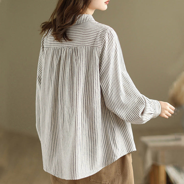 Buddha Stones Spring Causal Splice Design Striped Long Sleeve Button Lapel Cotton Linen Women's Shirt With Pocket