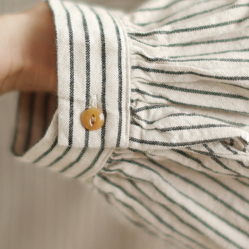 Buddha Stones Spring Causal Splice Design Striped Long Sleeve Button Lapel Cotton Linen Women's Shirt With Pocket