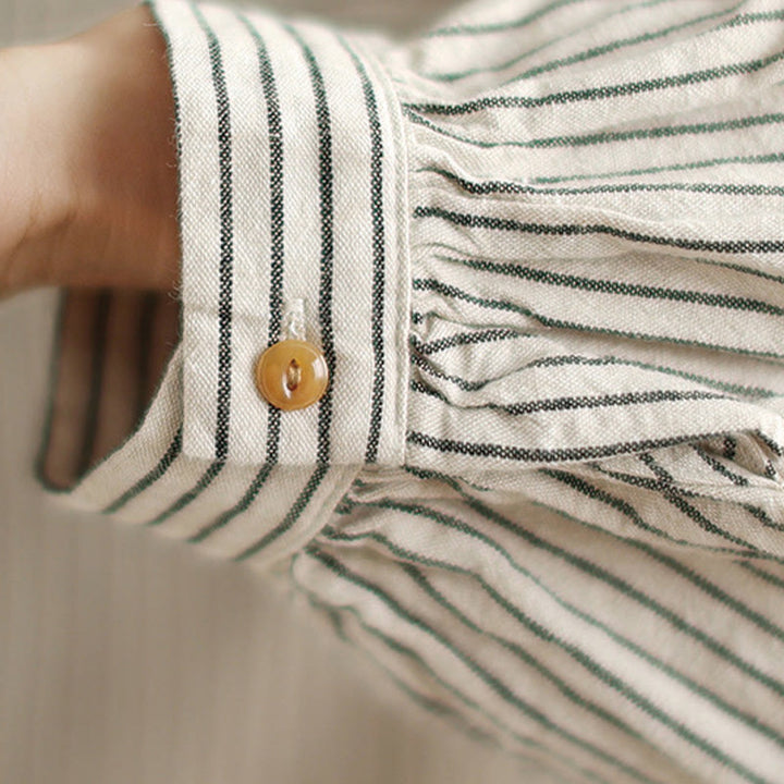 Buddha Stones Spring Causal Splice Design Striped Long Sleeve Button Lapel Cotton Linen Women's Shirt With Pocket