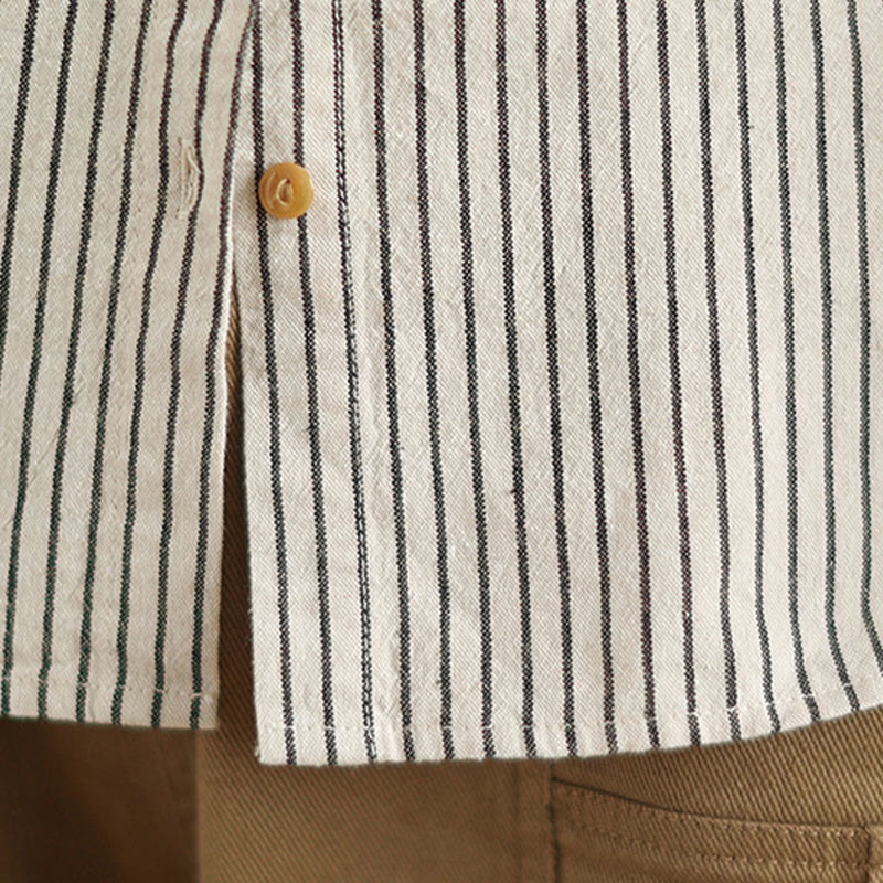 Buddha Stones Spring Causal Splice Design Striped Long Sleeve Button Lapel Cotton Linen Women's Shirt With Pocket