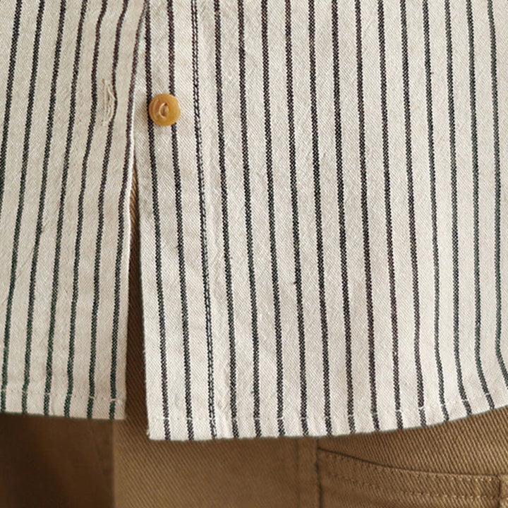 Buddha Stones Spring Causal Splice Design Striped Long Sleeve Button Lapel Cotton Linen Women's Shirt With Pocket