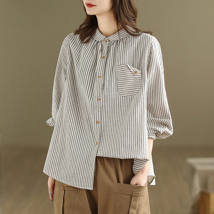 Buddha Stones Spring Causal Splice Design Striped Long Sleeve Button Lapel Cotton Linen Women's Shirt With Pocket - image 11