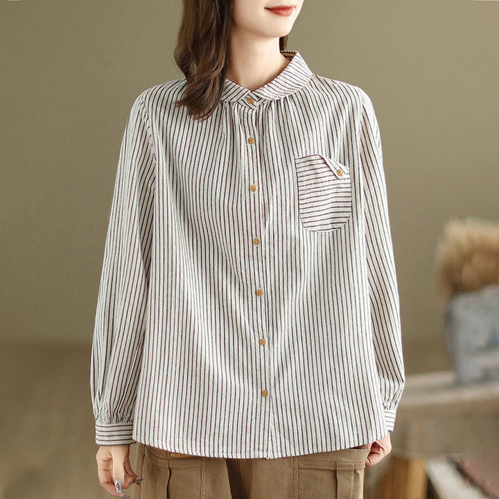 Buddha Stones Spring Causal Splice Design Striped Long Sleeve Button Lapel Cotton Linen Women's Shirt With Pocket