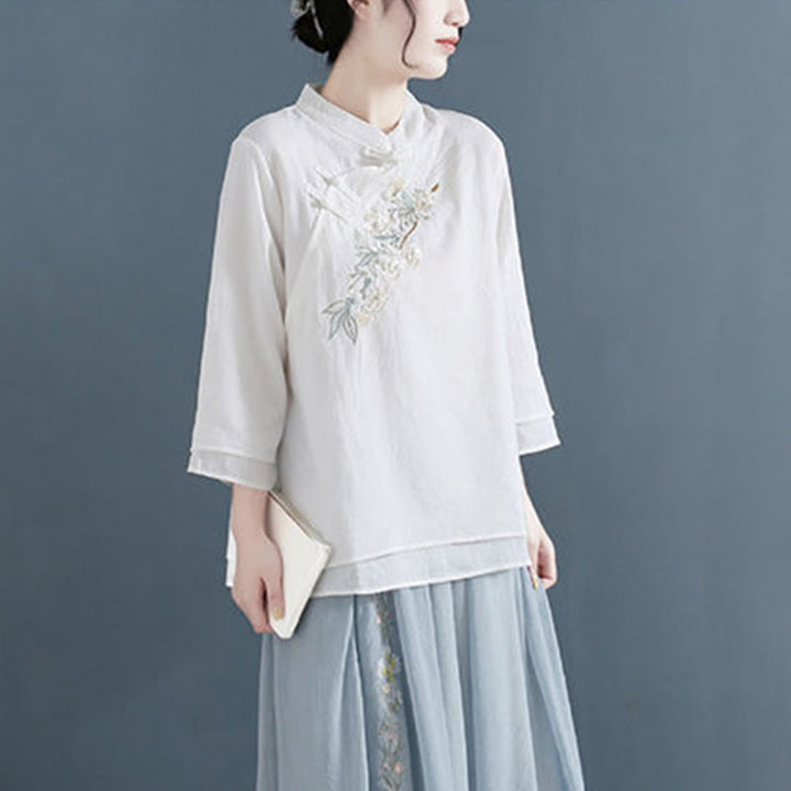 Buddha Stones Flower Embroidery Three Quarter Sleeve Frog-Button Mandarin Collar Cotton Linen Women's Shirt