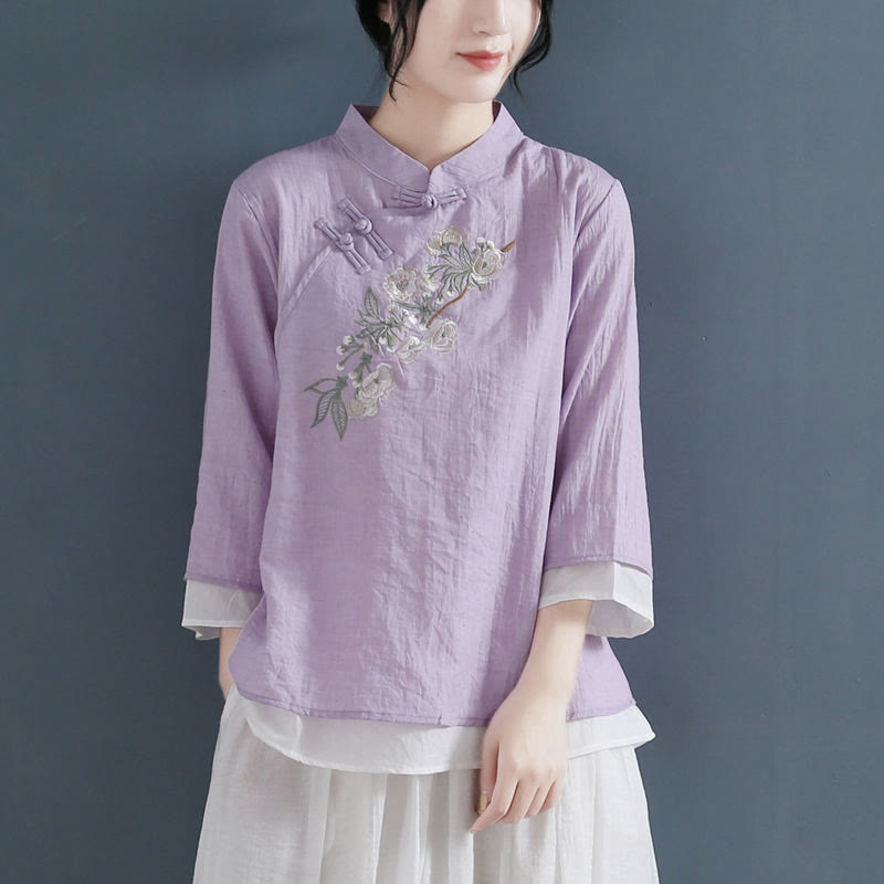 Buddha Stones Flower Embroidery Three Quarter Sleeve Frog-Button Mandarin Collar Cotton Linen Women's Shirt - Violet - US12，UK/AU16，EU44 (3XL) - image 7