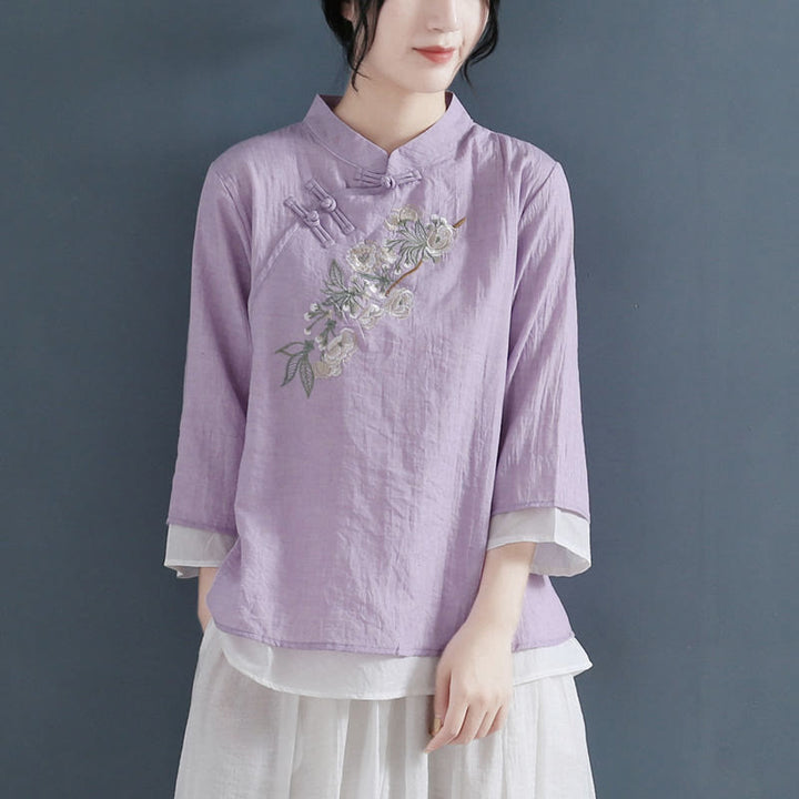 Buddha Stones Flower Embroidery Three Quarter Sleeve Frog-Button Mandarin Collar Cotton Linen Women's Shirt - Violet - US12，UK/AU16，EU44 (3XL) - image 7