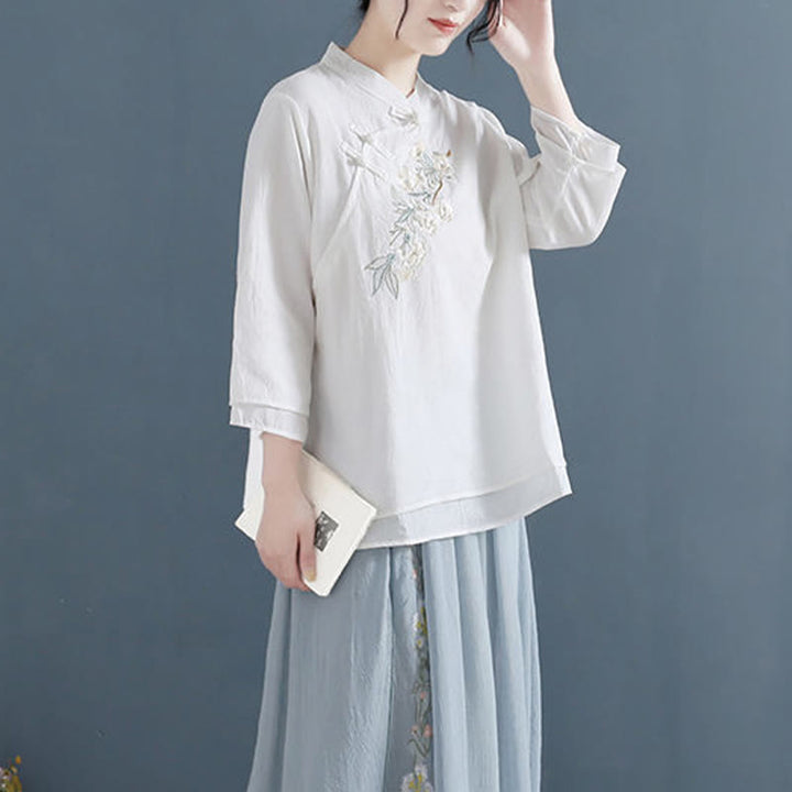 Buddha Stones Flower Embroidery Three Quarter Sleeve Frog-Button Mandarin Collar Cotton Linen Women's Shirt - image 4