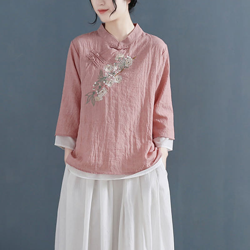 Buddha Stones Flower Embroidery Three Quarter Sleeve Frog-Button Mandarin Collar Cotton Linen Women's Shirt