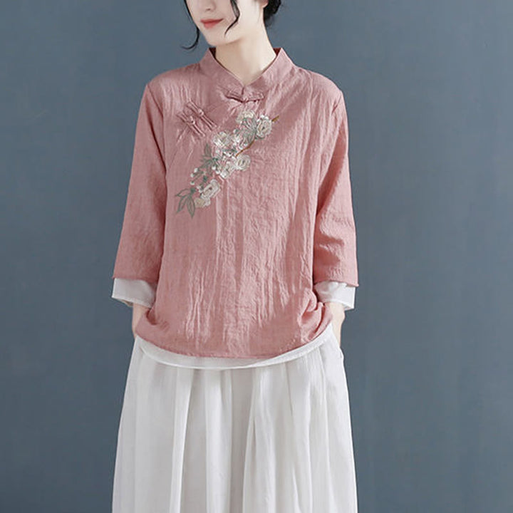 Buddha Stones Flower Embroidery Three Quarter Sleeve Frog-Button Mandarin Collar Cotton Linen Women's Shirt