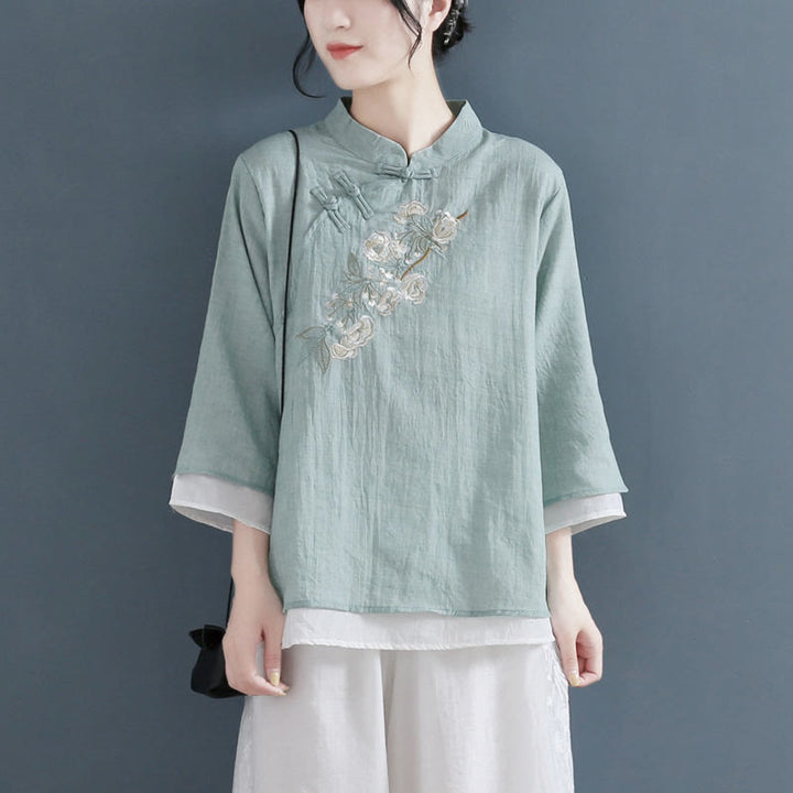 Buddha Stones Flower Embroidery Three Quarter Sleeve Frog-Button Mandarin Collar Cotton Linen Women's Shirt