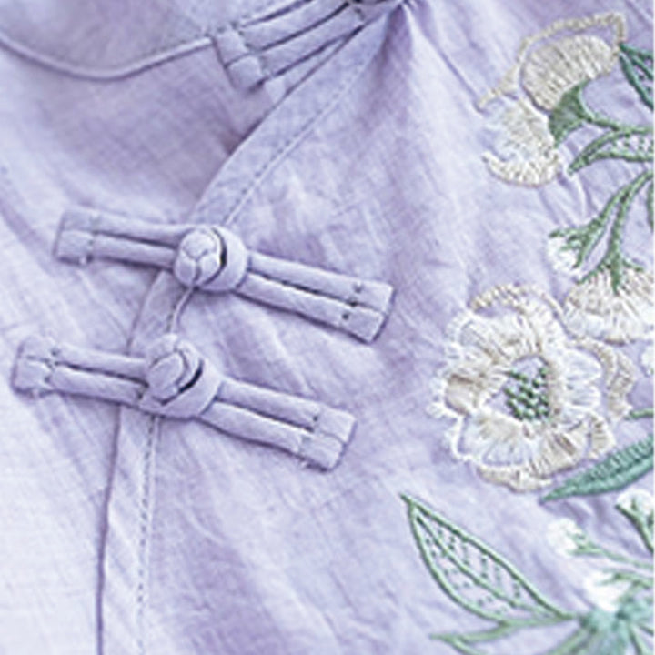 Buddha Stones Flower Embroidery Three Quarter Sleeve Frog-Button Mandarin Collar Cotton Linen Women's Shirt