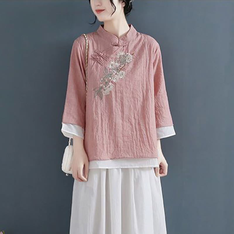 Buddha Stones Flower Embroidery Three Quarter Sleeve Frog-Button Mandarin Collar Cotton Linen Women's Shirt