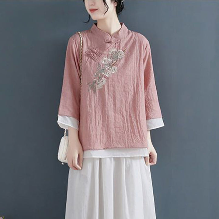Buddha Stones Flower Embroidery Three Quarter Sleeve Frog-Button Mandarin Collar Cotton Linen Women's Shirt