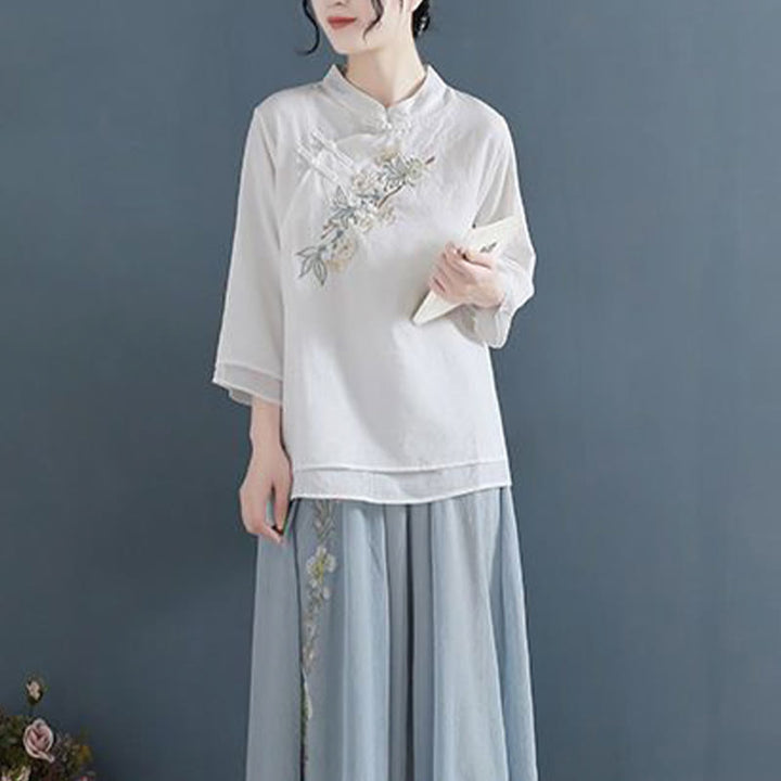 Buddha Stones Flower Embroidery Three Quarter Sleeve Frog-Button Mandarin Collar Cotton Linen Women's Shirt