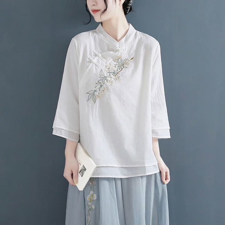 Buddha Stones Flower Embroidery Three Quarter Sleeve Frog-Button Mandarin Collar Cotton Linen Women's Shirt