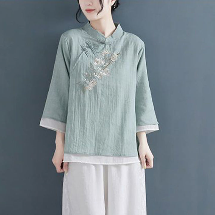 Buddha Stones Flower Embroidery Three Quarter Sleeve Frog-Button Mandarin Collar Cotton Linen Women's Shirt