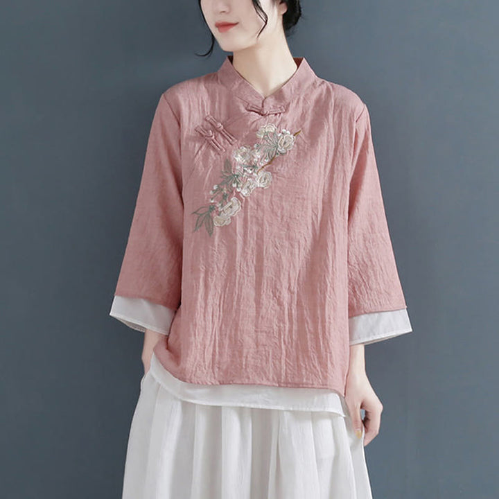 Buddha Stones Flower Embroidery Three Quarter Sleeve Frog-Button Mandarin Collar Cotton Linen Women's Shirt