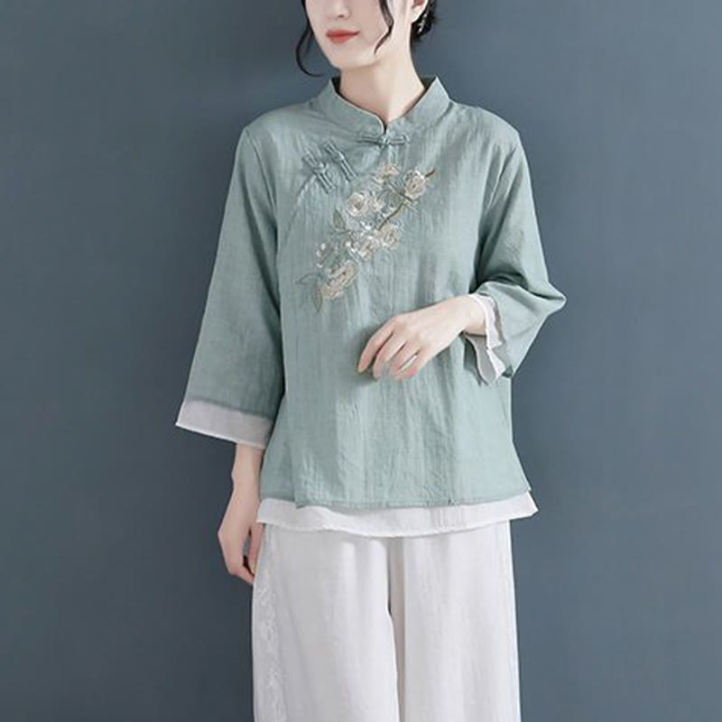 Buddha Stones Flower Embroidery Three Quarter Sleeve Frog-Button Mandarin Collar Cotton Linen Women's Shirt