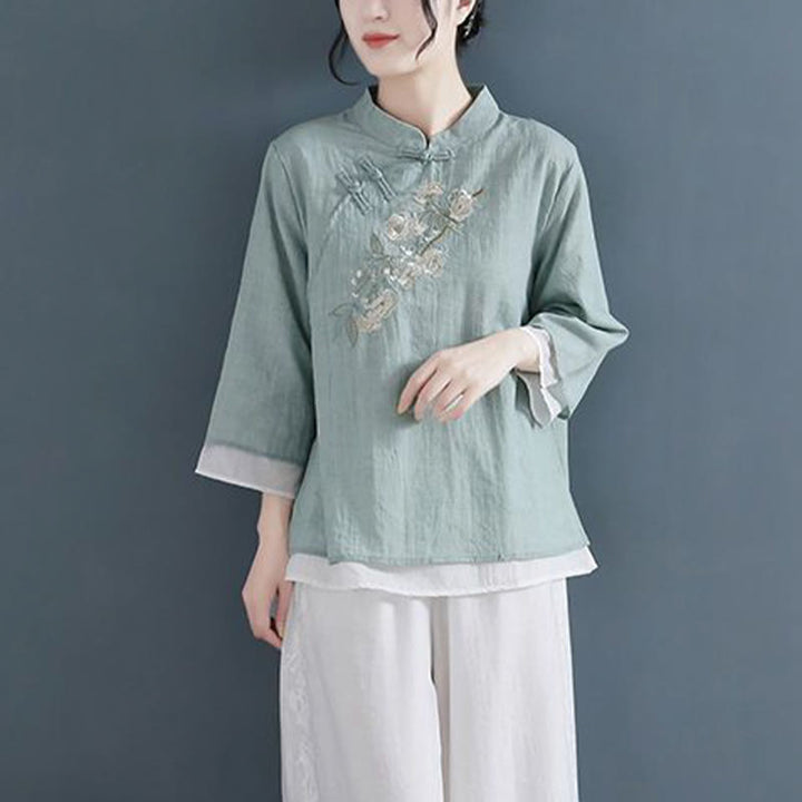 Buddha Stones Flower Embroidery Three Quarter Sleeve Frog-Button Mandarin Collar Cotton Linen Women's Shirt