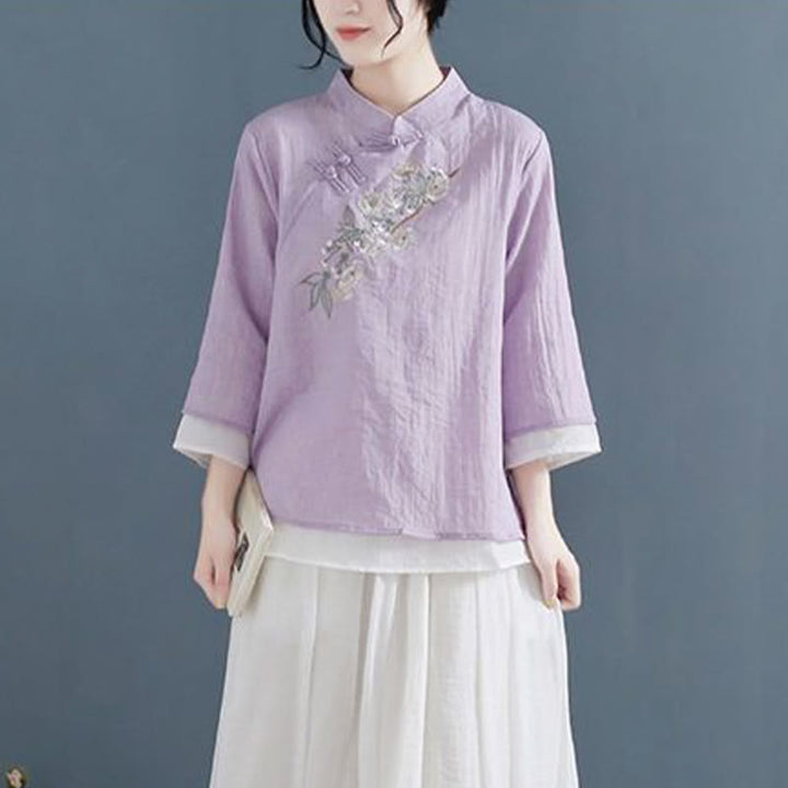 Buddha Stones Flower Embroidery Three Quarter Sleeve Frog-Button Mandarin Collar Cotton Linen Women's Shirt - image 9