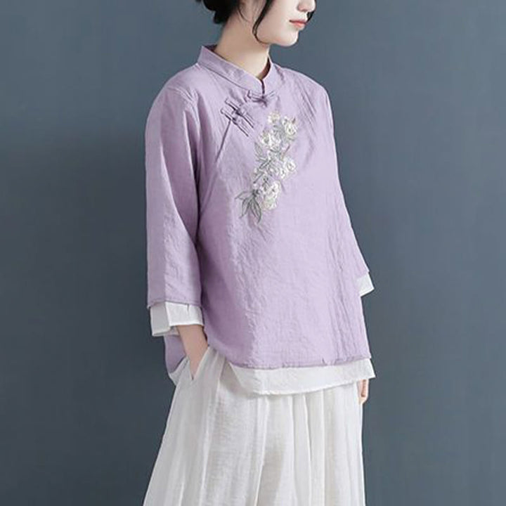 Buddha Stones Flower Embroidery Three Quarter Sleeve Frog-Button Mandarin Collar Cotton Linen Women's Shirt