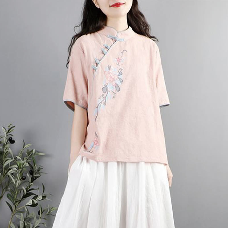 Buddha Stones Summer Flower Embroidery Half Sleeve Frog-Button Mandarin Collar Cotton Linen Women's Shirt