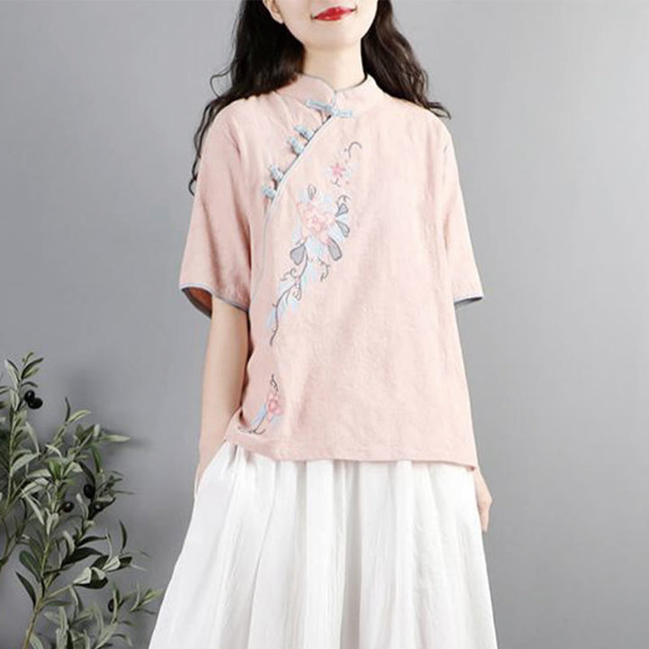 Buddha Stones Summer Flower Embroidery Half Sleeve Frog-Button Mandarin Collar Cotton Linen Women's Shirt