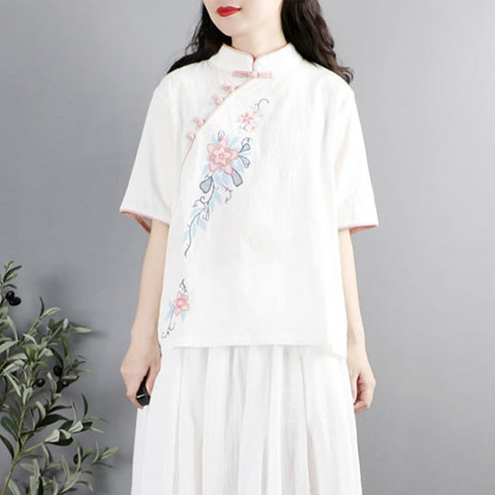 Buddha Stones Summer Flower Embroidery Half Sleeve Frog-Button Mandarin Collar Cotton Linen Women's Shirt