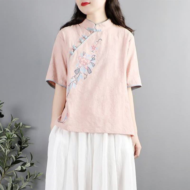 Buddha Stones Summer Flower Embroidery Half Sleeve Frog-Button Mandarin Collar Cotton Linen Women's Shirt - image 5