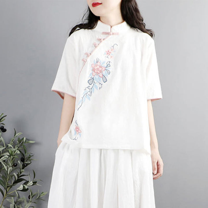 Buddha Stones Summer Flower Embroidery Half Sleeve Frog-Button Mandarin Collar Cotton Linen Women's Shirt - image 8