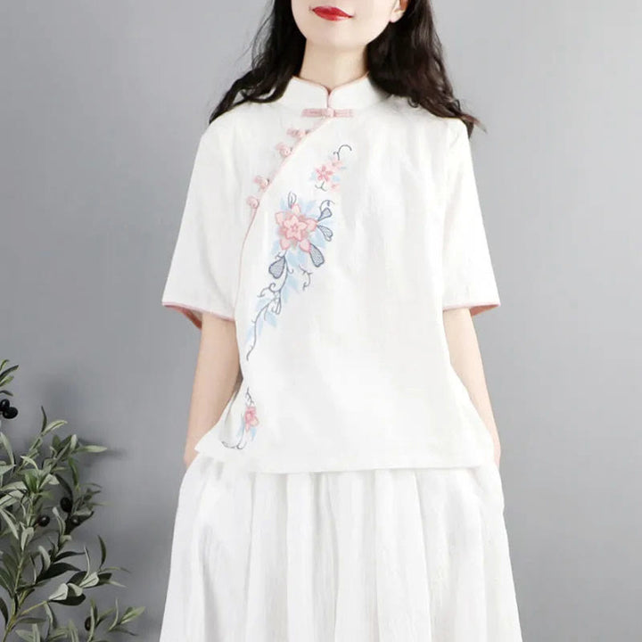 Buddha Stones Summer Flower Embroidery Half Sleeve Frog-Button Mandarin Collar Cotton Linen Women's Shirt