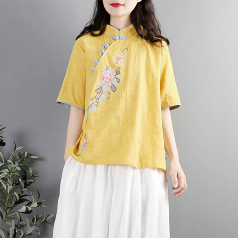 Buddha Stones Summer Flower Embroidery Half Sleeve Frog-Button Mandarin Collar Cotton Linen Women's Shirt - image 11